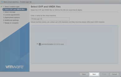 ESXi wizard's Next button in the lower right that starts the OVA file extraction. 